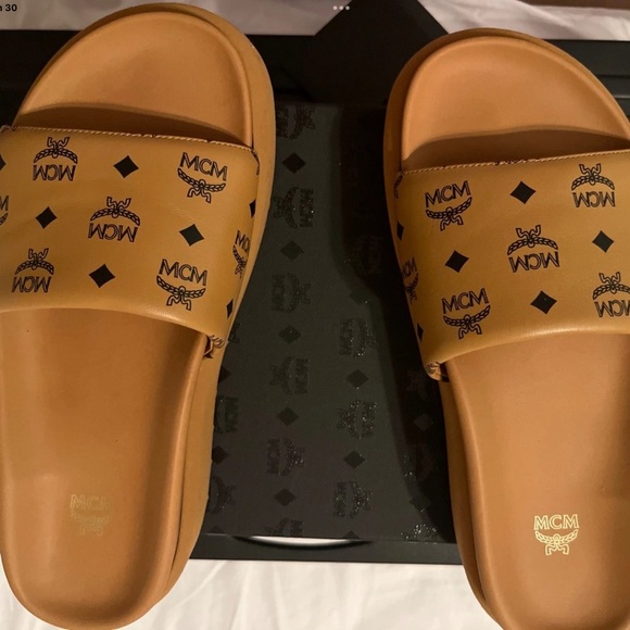 MCM Brown Logo Slide Sandals - Picture 3 of 5